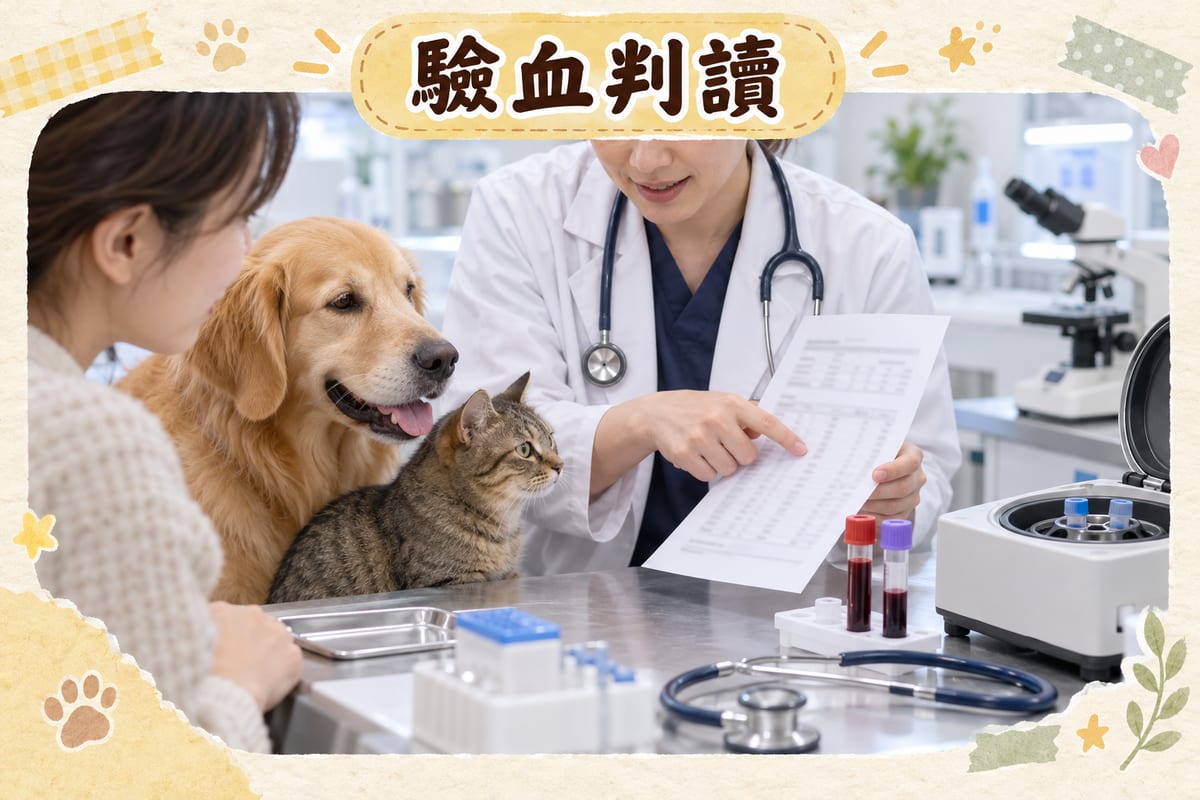驗血報告判讀場景,獸醫手持貓咪血清B12同葉酸化驗報告向主人解釋數值,枱上放住血液樣本試管同聽診器