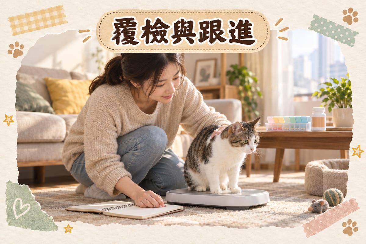 貓咪覆檢與跟進場景,主人喺家居客廳用寵物磅為短毛家貓磅重並記錄體重變化,旁邊枱面放住筆記本同藥盒