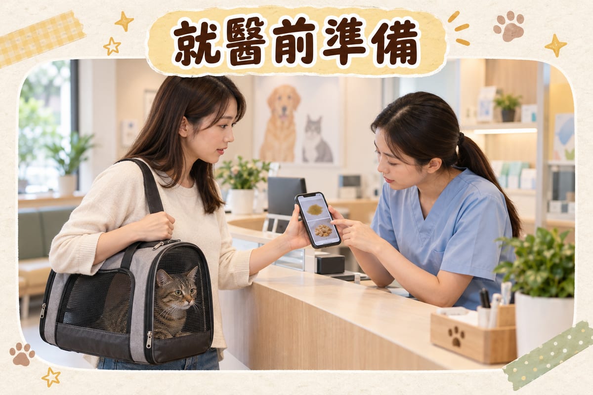 主人帶貓籠喺獸醫診所登記,獸醫助手接過手機睇嘔吐物相片