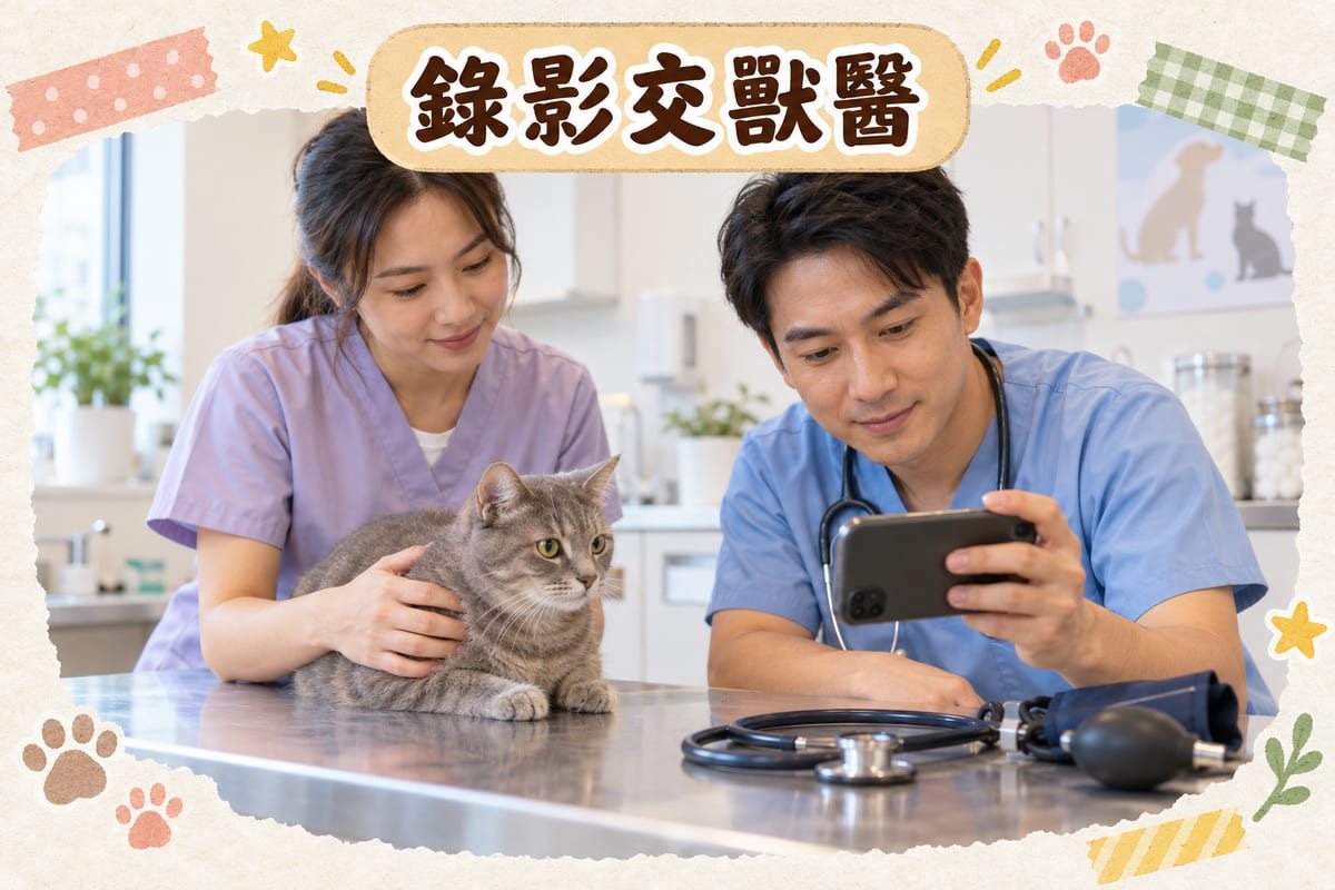 獸醫診所檢查室內，獸醫助手用手提裝置睇主人拍低嘅發作影片，同時為短毛家貓量度基本生命指數