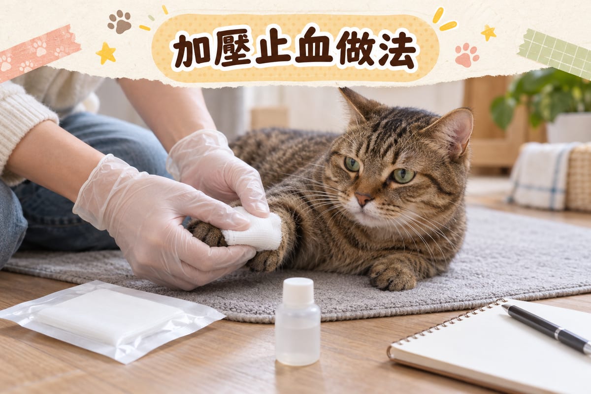 主人喺地板上為短毛家貓前腳加壓止血,手掌輕按紗布,旁邊放有未開封嘅紗布包、手套同記錄紙