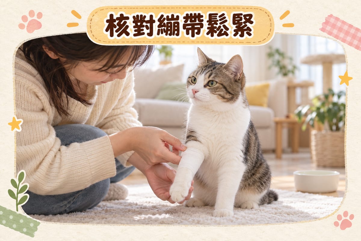 主人喺客廳為短毛家貓檢查前腳繃帶,手指插入繃帶同皮膚之間測試鬆緊度,貓咪坐喺淺色地墊上