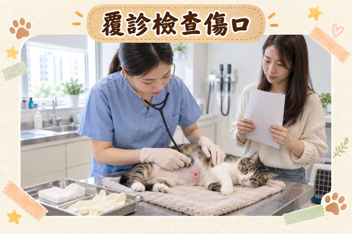 獸醫診所診症室內,獸醫檢查貓咪腹部咬傷嘅腫脹情況並用聽診器聽心肺,主人拎住紀錄紙企喺旁邊
