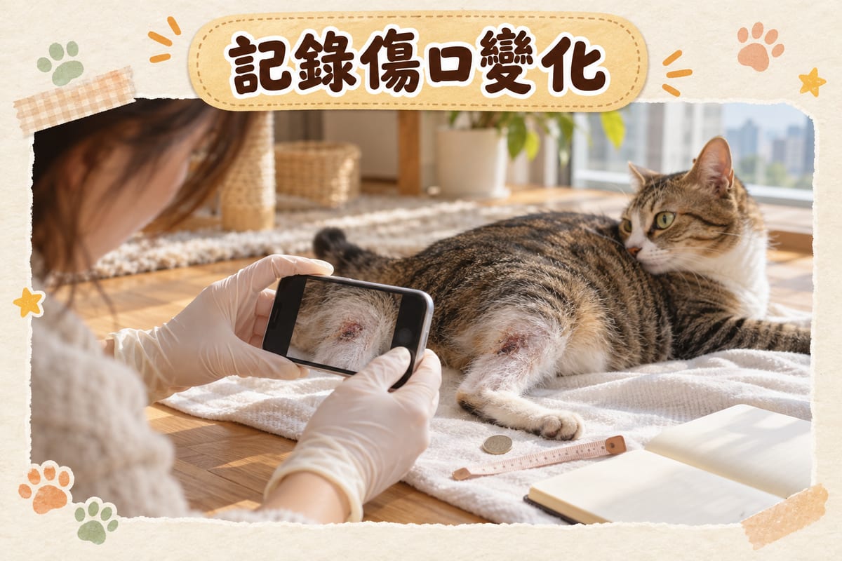主人用手機為貓咪後腿嘅結痂傷口拍照記錄,旁邊放有記錄紙同寵物電子溫度計