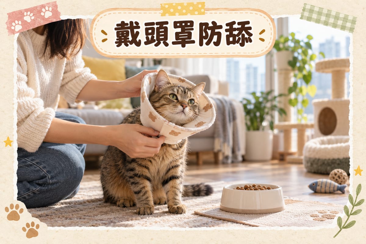 主人為貓咪戴上軟身頭罩防止舔咬傷口,貓咪旁邊放有皮膚毛髮配方貓糧