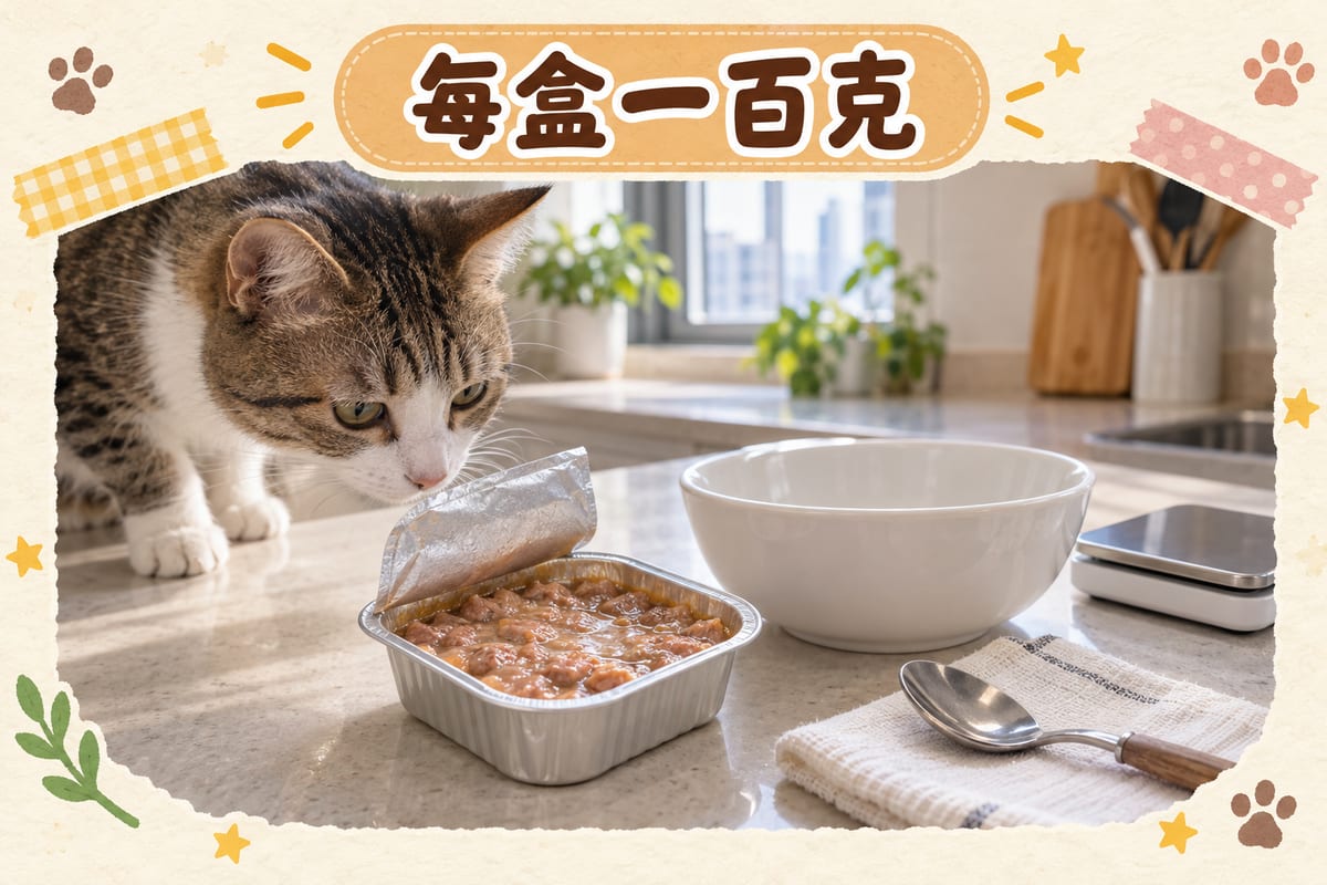 西莎狗罐頭 100 克單次份量盒打開後放喺廚房檯面，旁邊有白色陶瓷碗同一部小型電子磅，背景係香港單位廚房