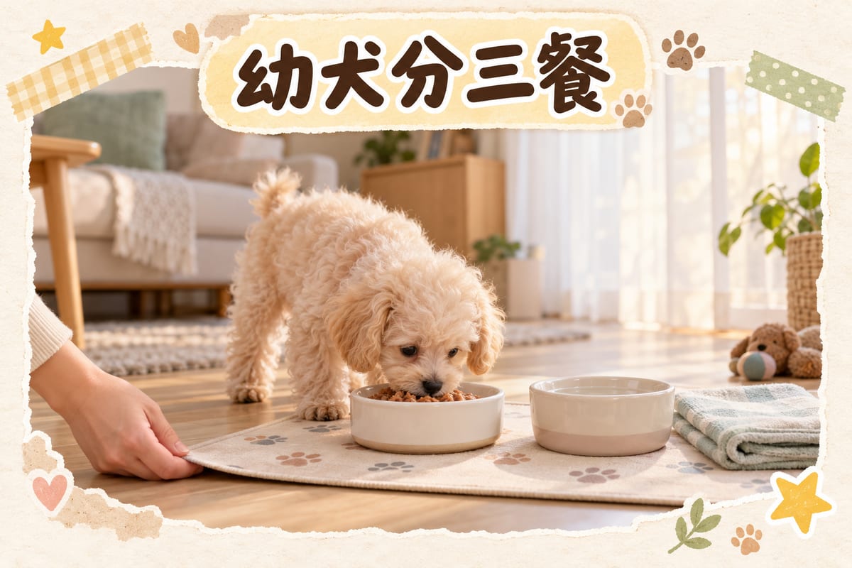 幼犬喺香港家中餐墊上食分餐後嘅濕糧，另一個碗裝住清水，旁邊鋪住易清潔嘅餐墊