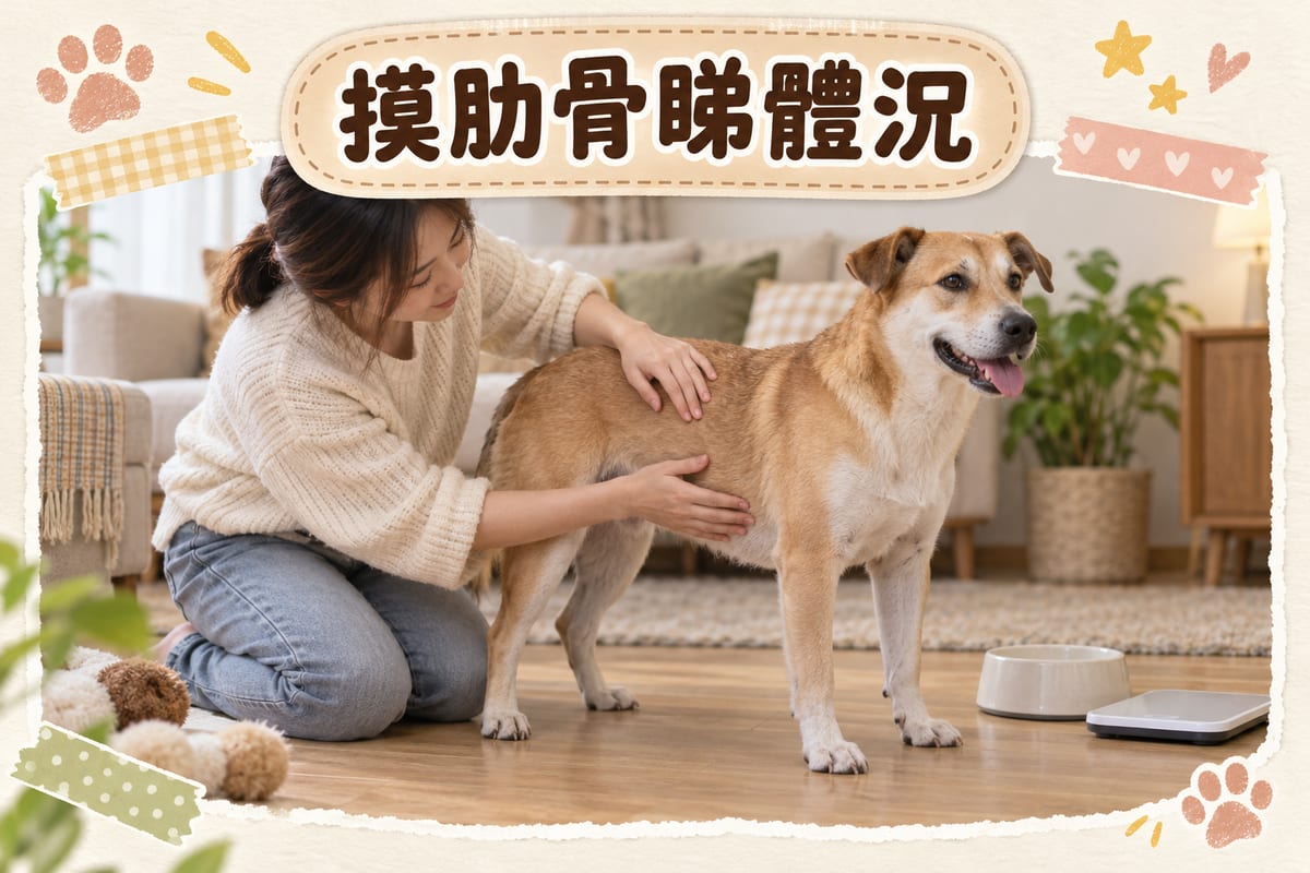 主人用手摸狗狗肋骨位置做體況評分，狗狗企喺香港家中客廳地板，旁邊放住一個空碗同一部電子磅