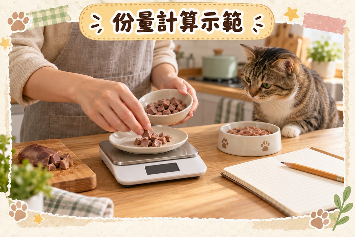 主人用廚房電子磅秤一小碟熟雞肝粒，旁邊有記錄表同主食罐