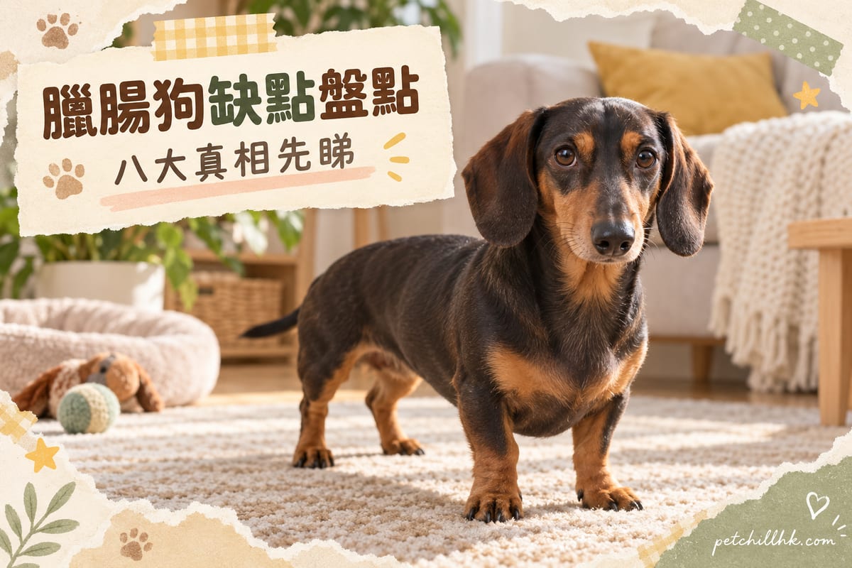 一隻短毛臘腸狗企喺客廳防滑地氈上，望住鏡頭樣帶住警戒