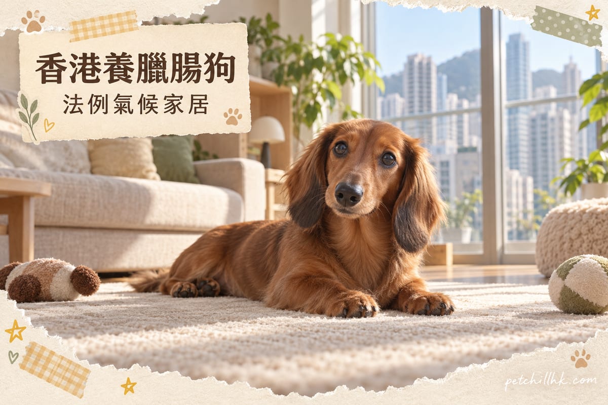 臘腸狗喺香港公寓客廳嘅防滑地氈上休息，窗外係城市樓景