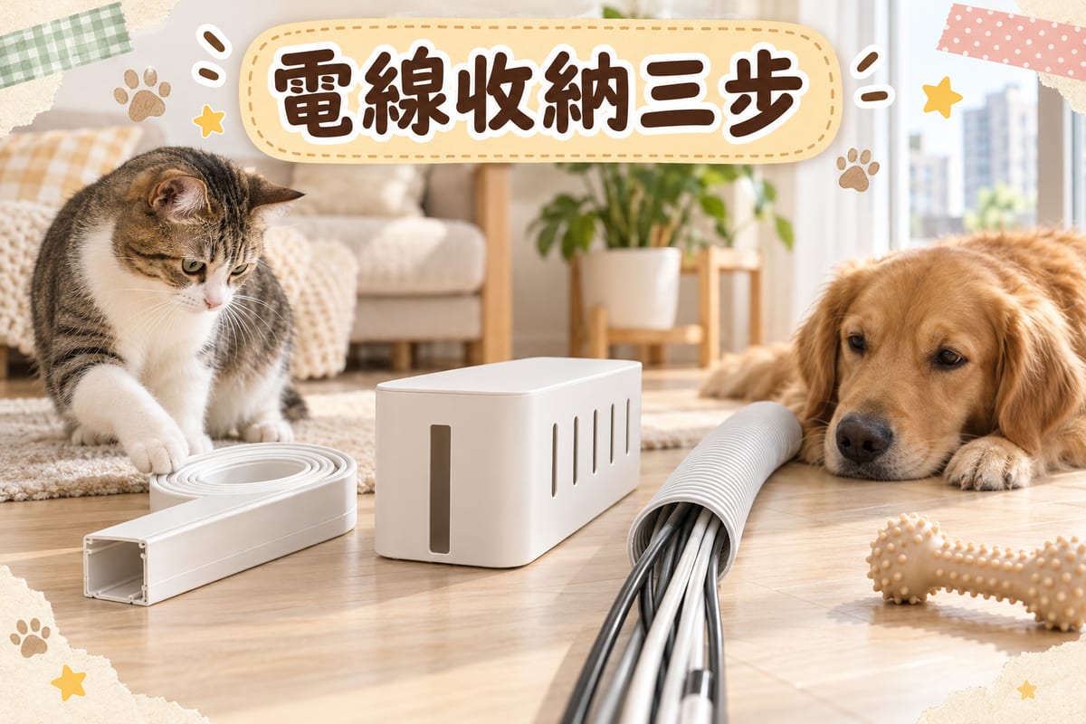 狗狗家居防咬總覽，展示電線穿入白色膠線槽、枱底集線盒同離地走線嘅做法