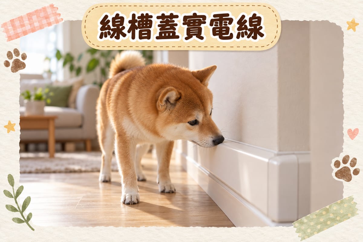 柴犬鼻尖輕碰白色膠線槽表面，線槽內電線完全被遮蓋，客廳牆腳乾淨企理