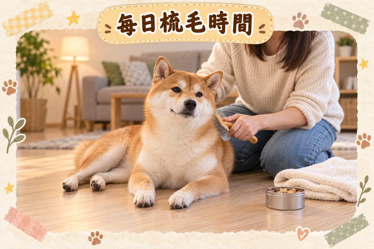 主人用棕色寵物梳輕梳柴犬背部，狗狗坐喺客廳木地板上，表情放鬆