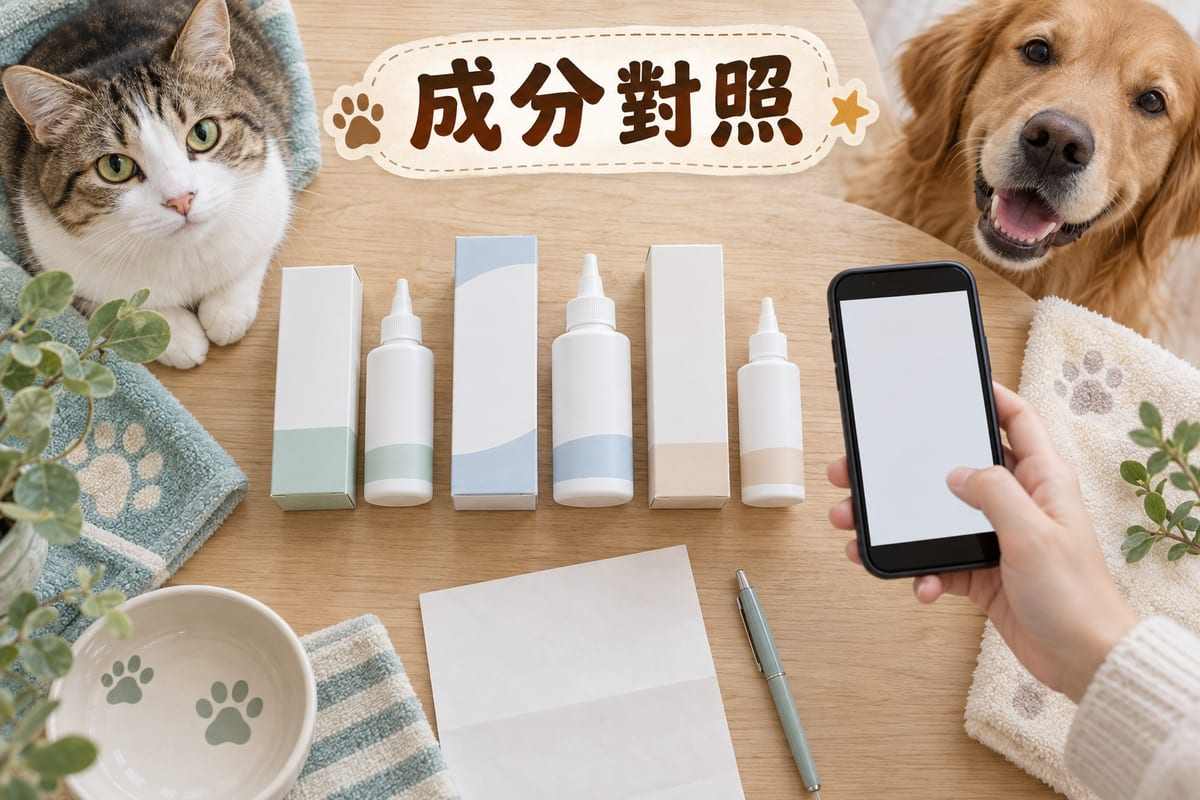 木枱上攤開幾支耳部護理產品嘅成分標示,主人用手機拍下成分表逐項比對
