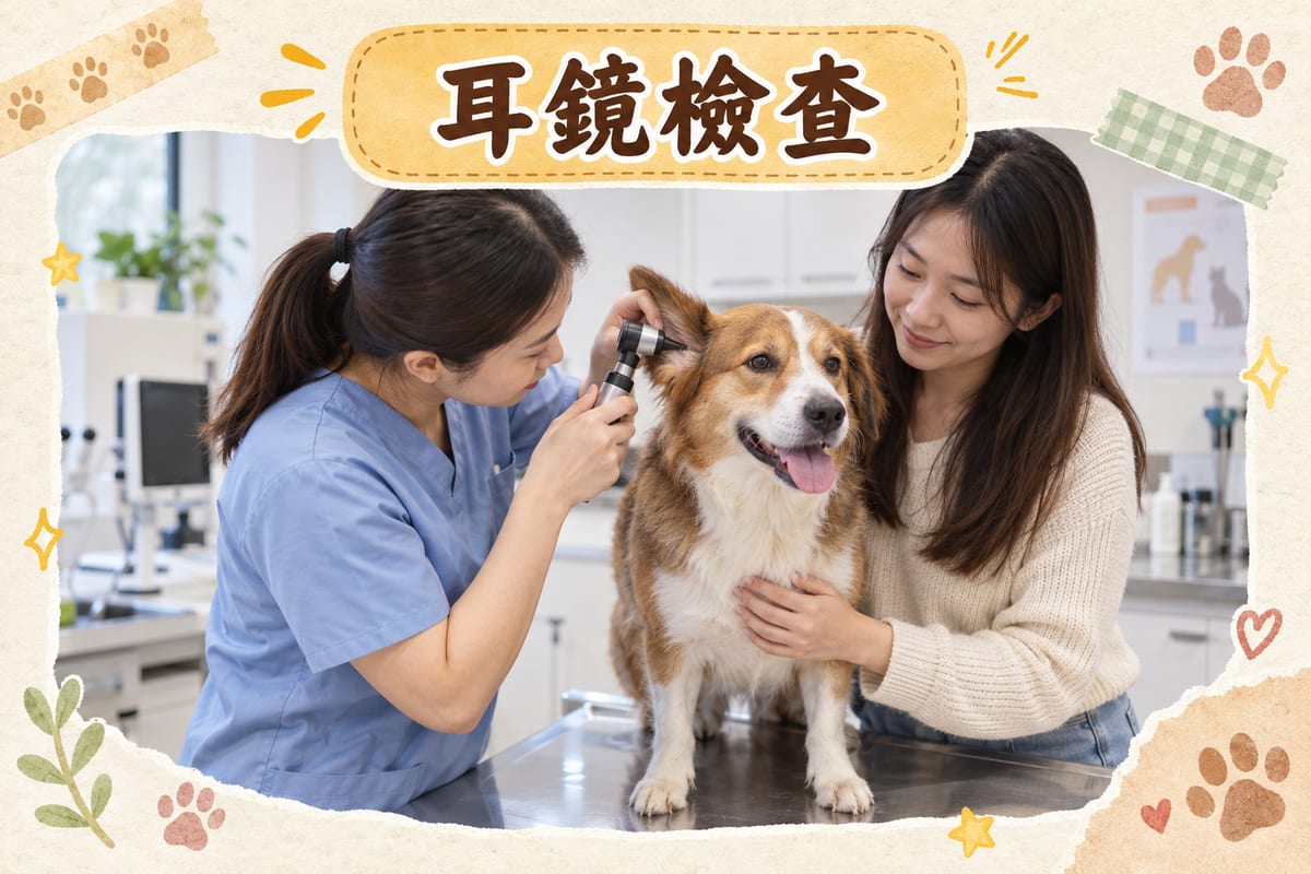 獸醫診所檢查室,獸醫用耳鏡檢查狗狗耳道,主人喺檢查枱旁抱住狗狗