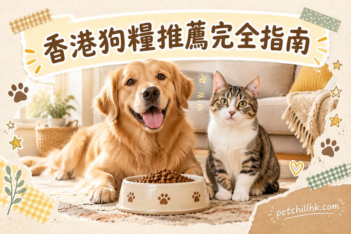 一排不同包裝狗糧碗與乾糧顆粒,一隻柴犬喺旁等候開飯嘅香港家居場景