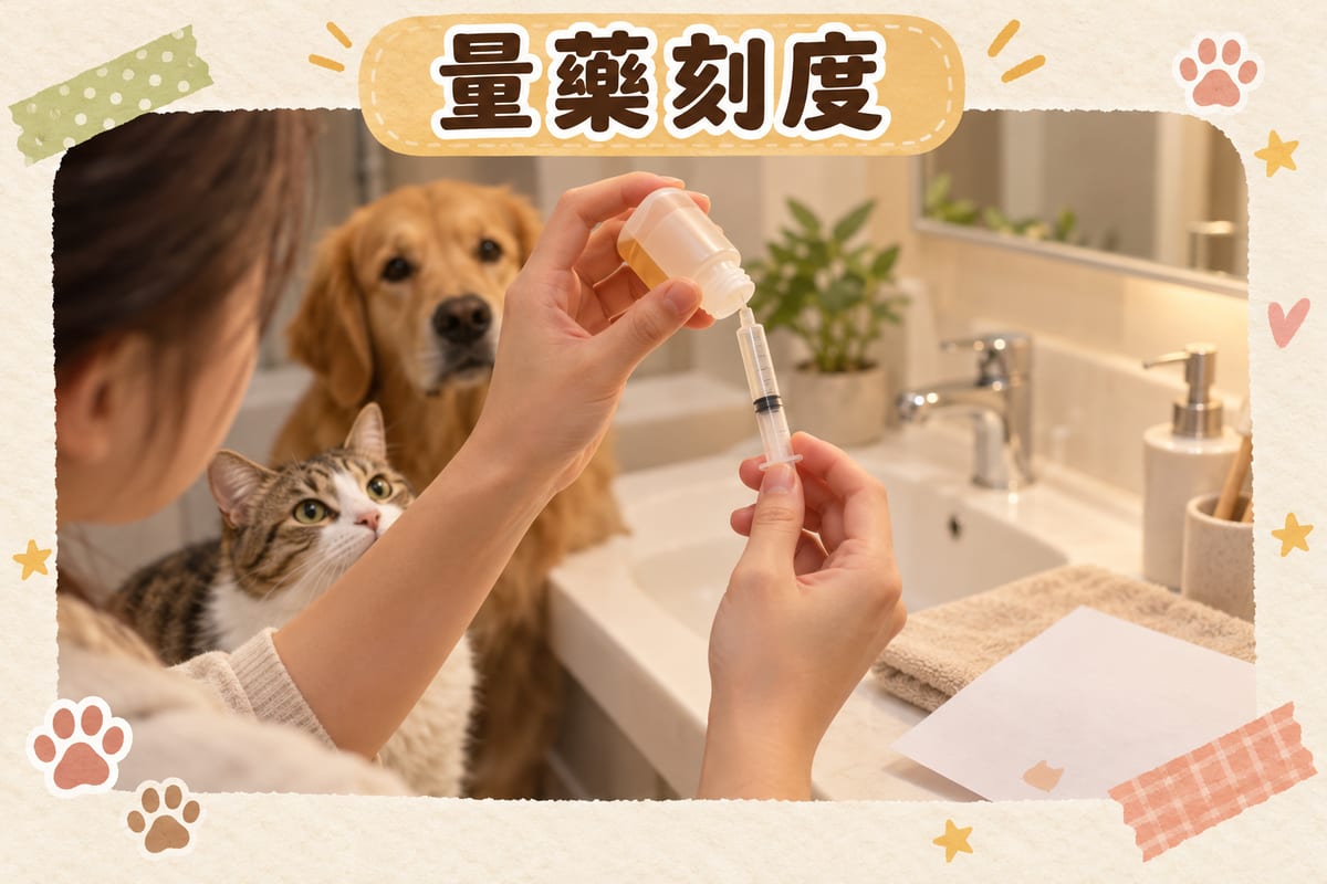 主人喺浴室燈光下將口服針筒貼住藥水樽口抽藥，眼神望住刻度，旁邊放住一張寫住體重公斤數嘅紙