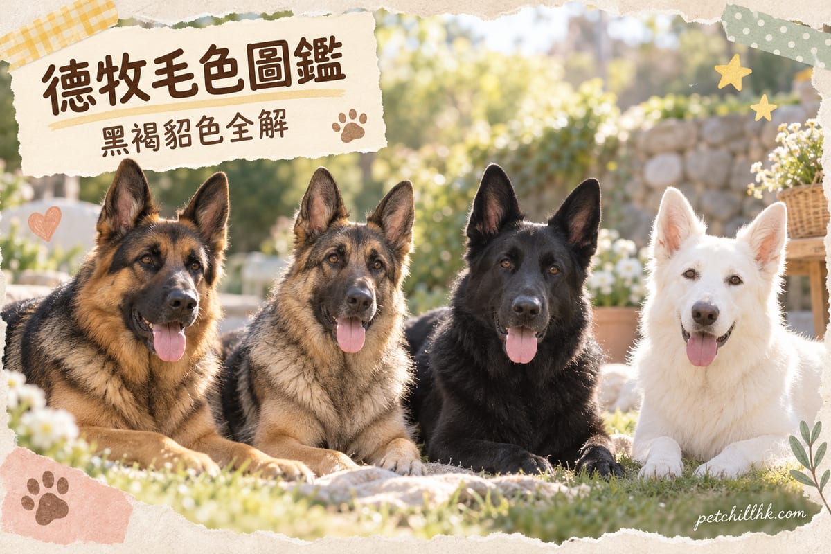 四隻唔同毛色嘅德國牧羊犬並排坐喺草地:黑褐、貂色、純黑、純白,陽光下毛色對比鮮明