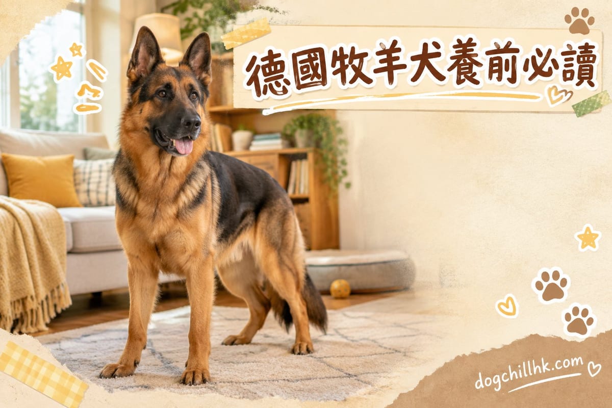 客廳地毯鋪滿梳落嘅德牧底絨，黑褐色德國牧羊犬坐喺毛堆旁望住鏡頭