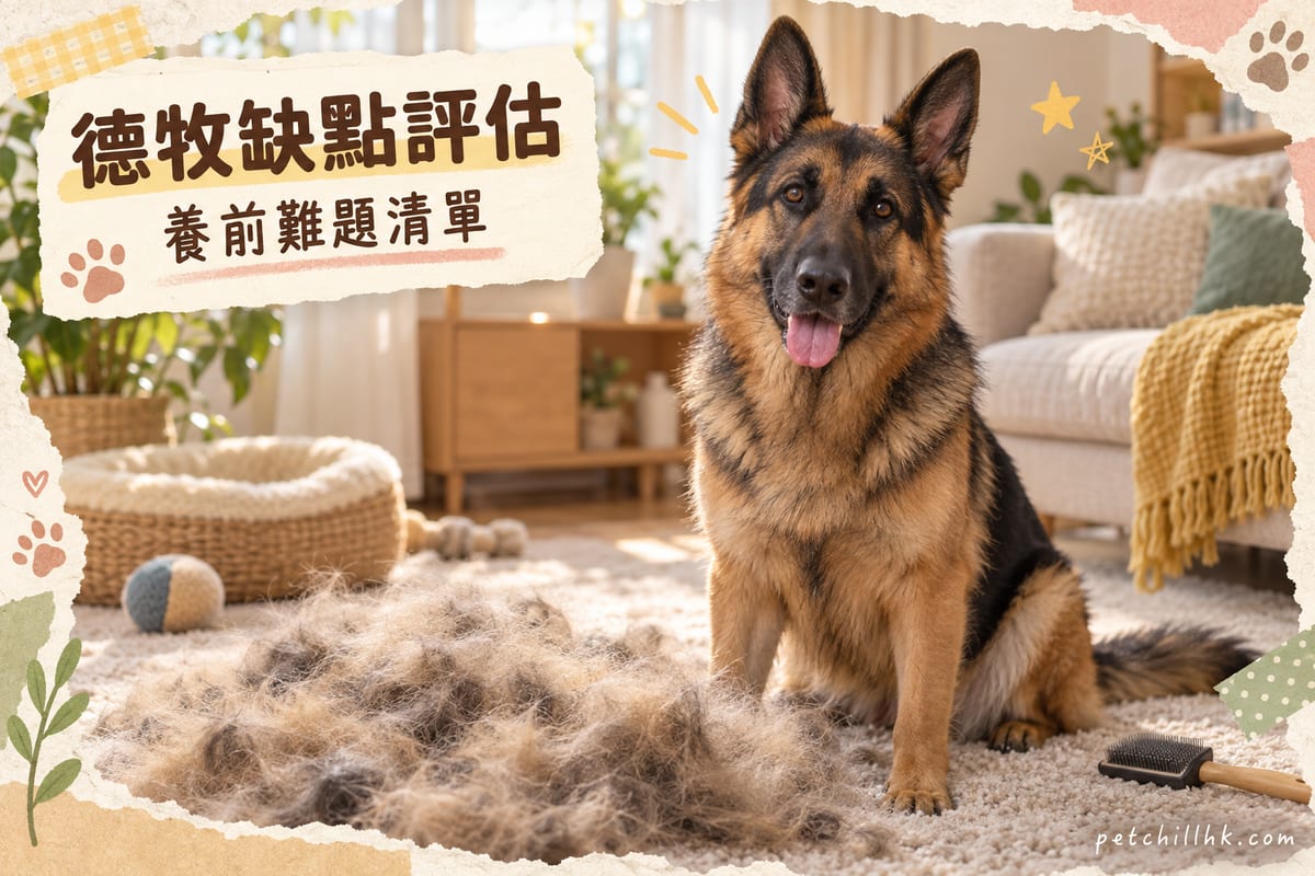 客廳地毯鋪滿梳落嘅德牧底絨,黑褐色德國牧羊犬坐喺毛堆旁望住鏡頭