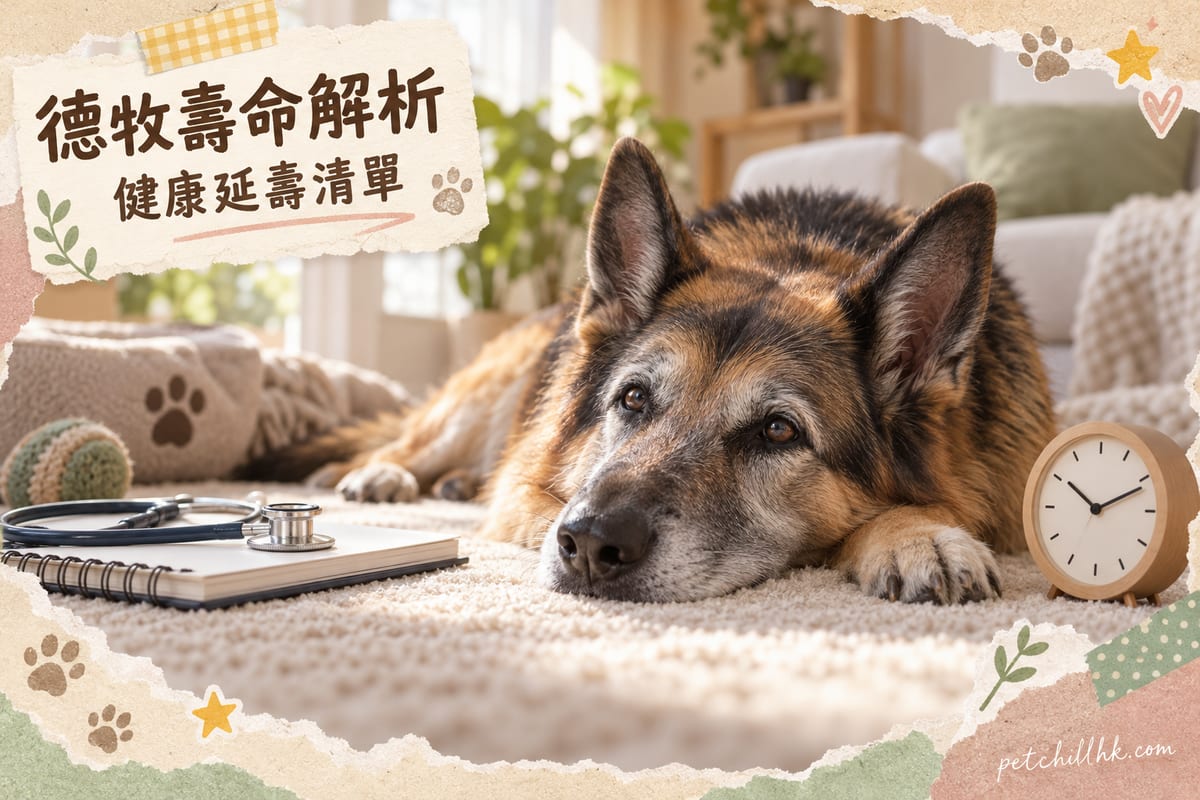 口吻斑白嘅老年德國牧羊犬安靜瞓喺家中地毯上,旁邊獸醫健康記錄本同時鐘