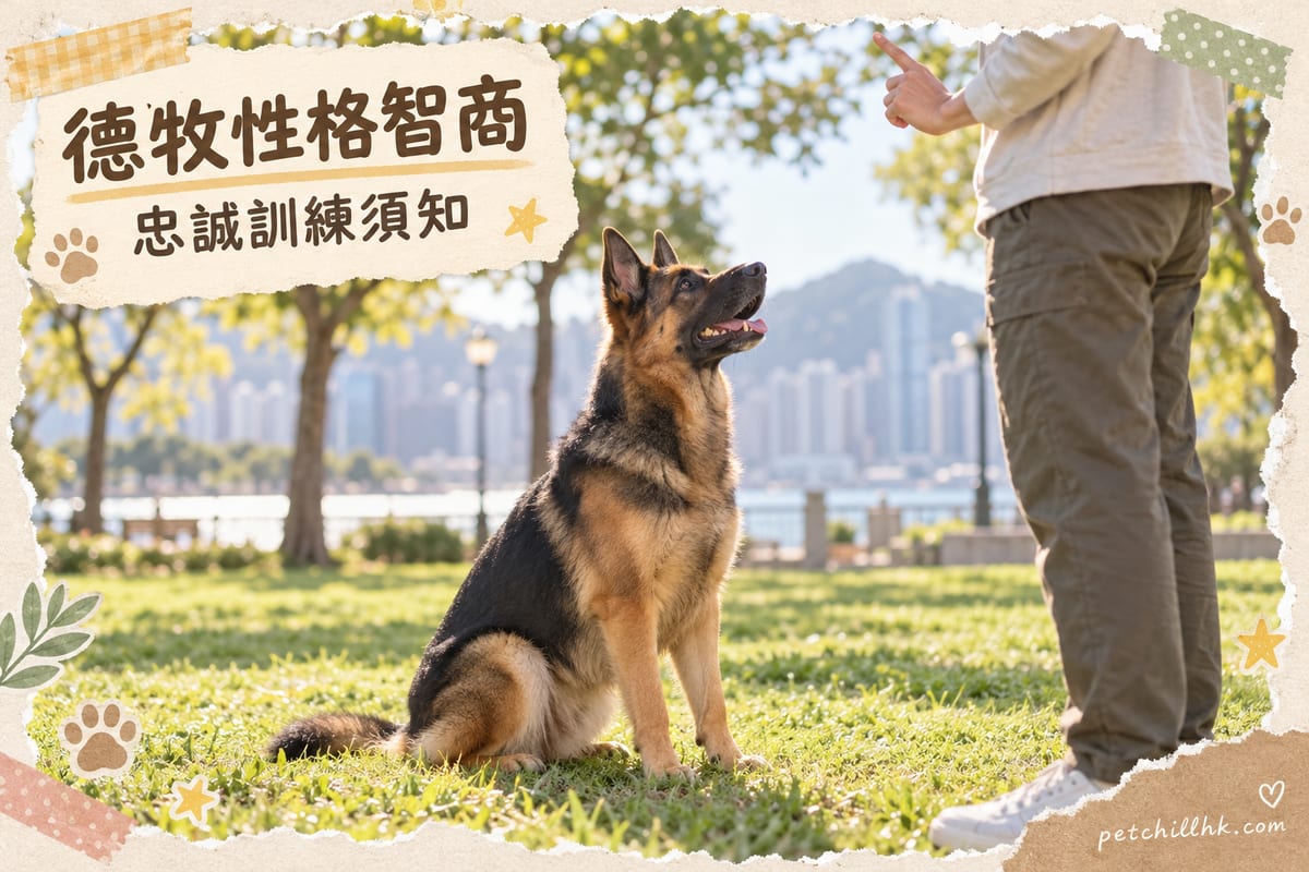 黑褐色德國牧羊犬望住主人專心聽指令,坐姿端正耳仔豎立,背景為香港公園草地