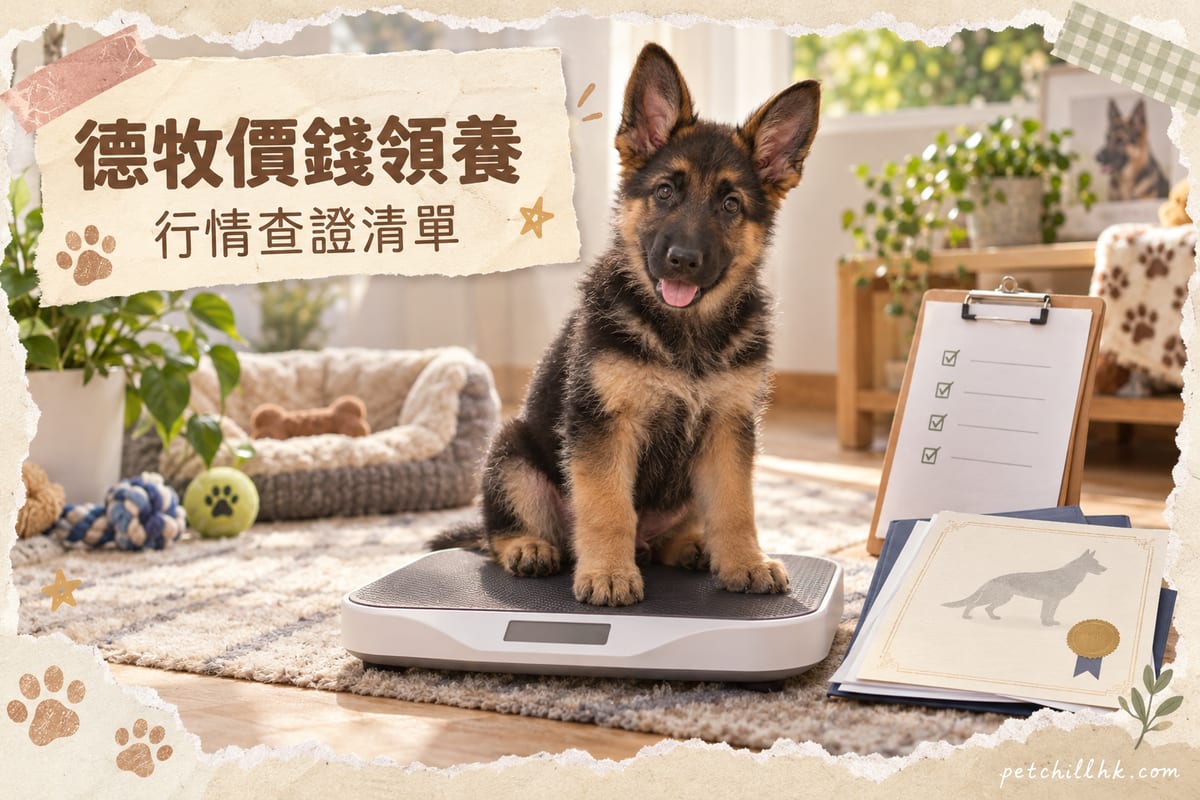 黑褐色德國牧羊犬幼犬坐喺地衡上面等磅重,旁邊有血統文件同查證清單板夾