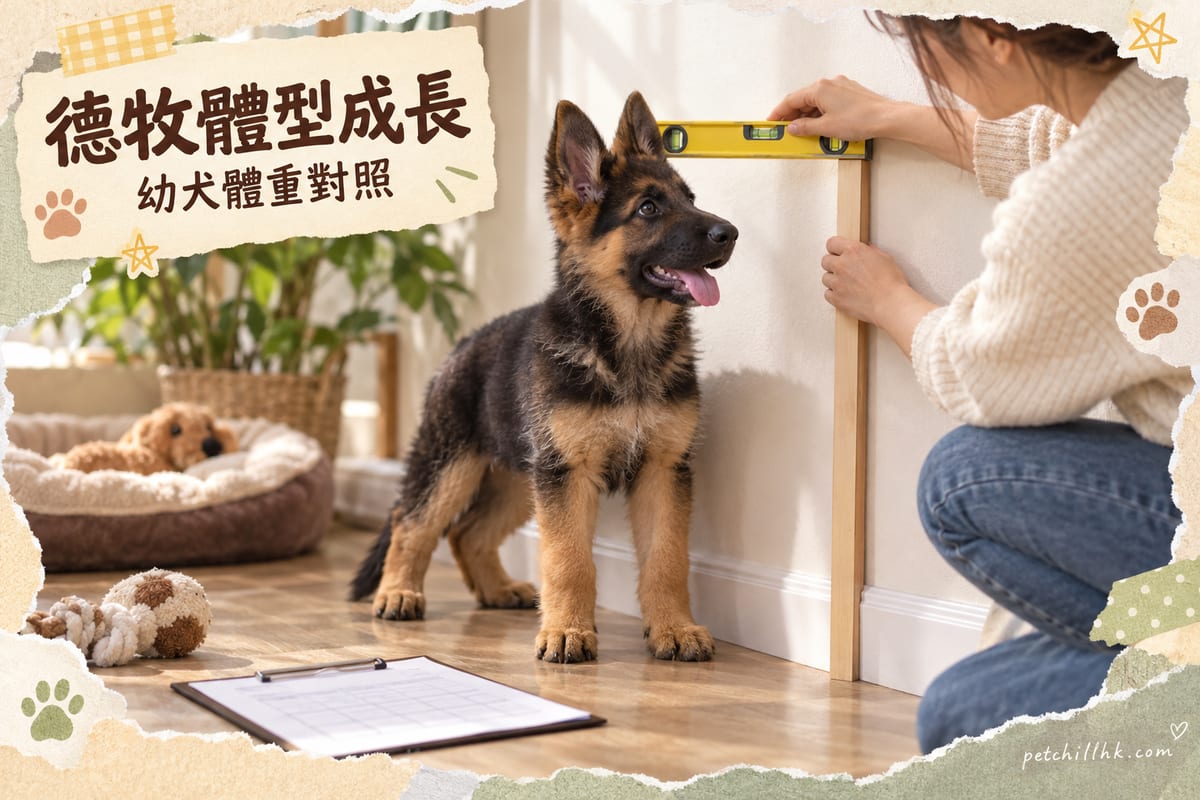 黑褐色德國牧羊犬幼犬企喺牆邊量度肩高,主人用水平尺比對,地上有成長記錄表
