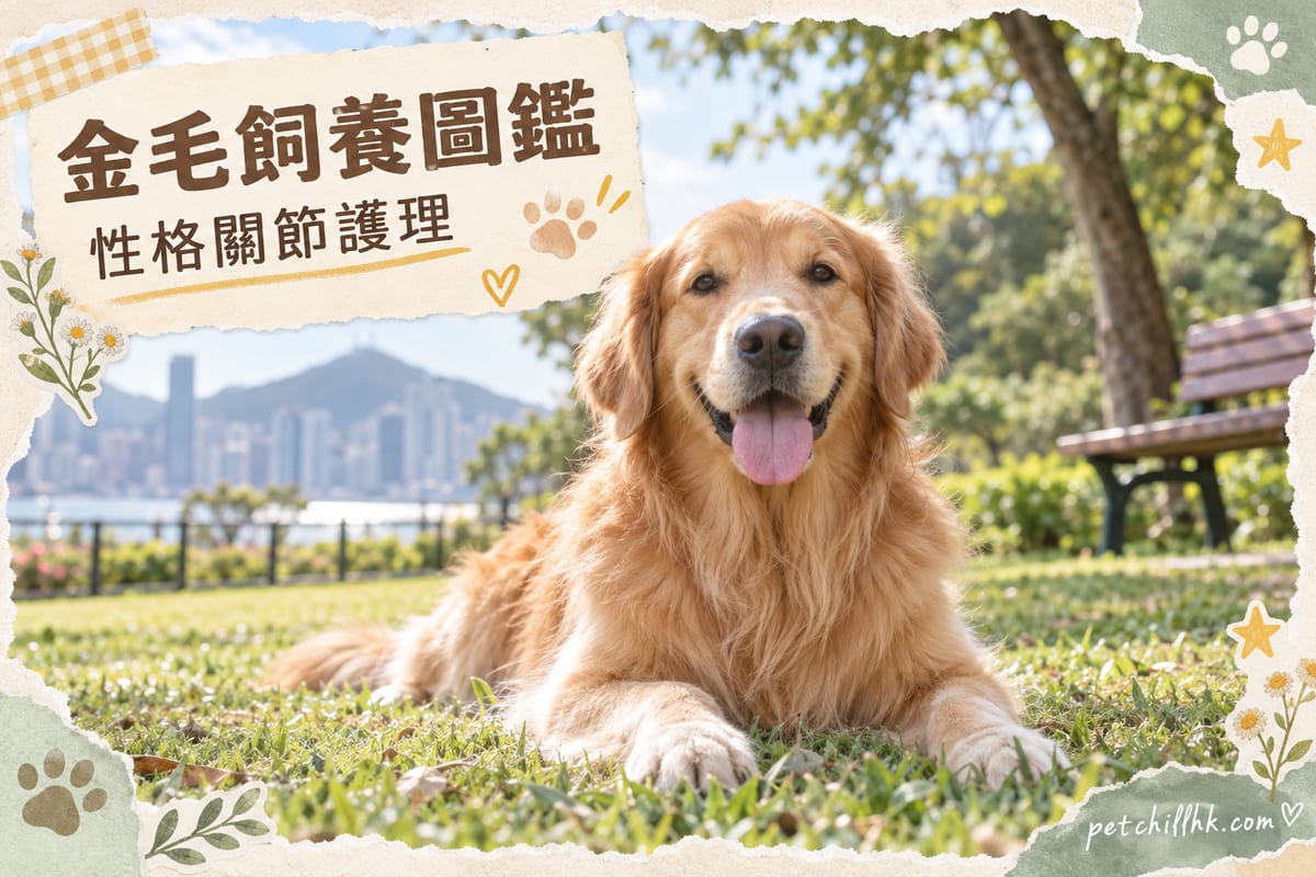一隻金色長毛金毛尋回犬喺香港公園草地面對鏡頭，舌頭伸出表情開朗