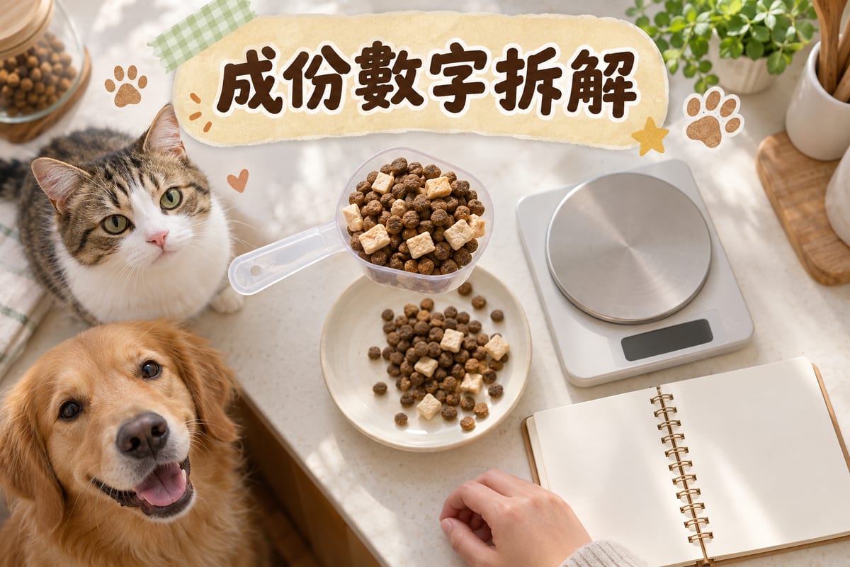 量匙盛住深褐色乾糧，混有淺色凍乾小粒，枱面有筆記簿同電子磅記錄每日份量