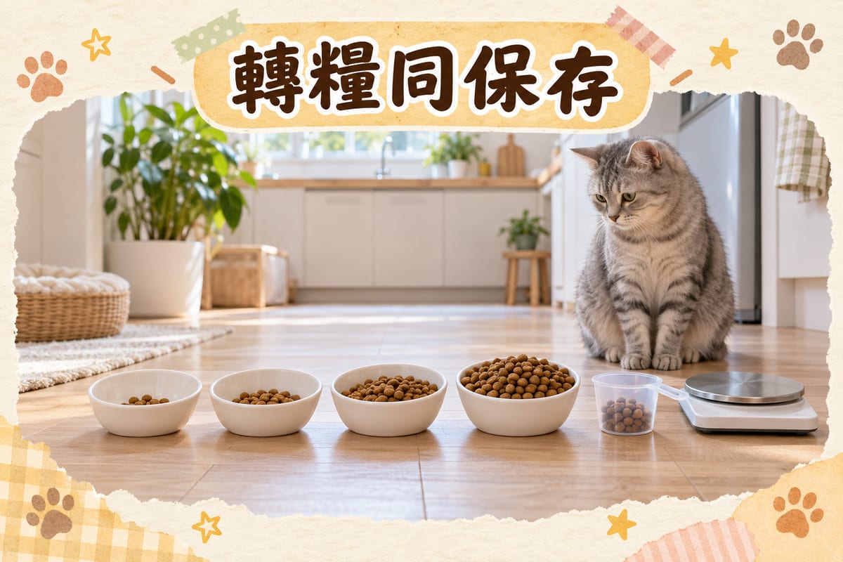 四個白碗喺廚房地板排開，乾糧份量由少到多，旁邊有量匙同電子磅