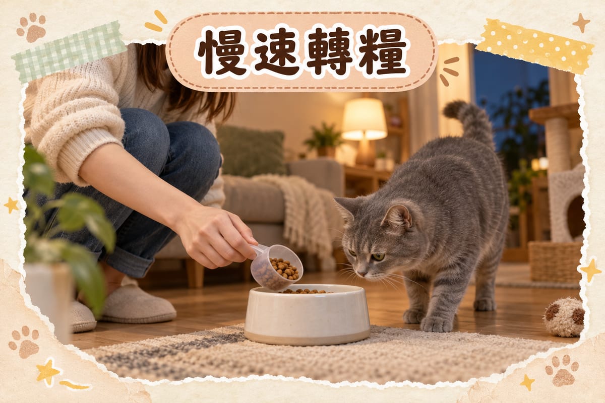 家居餵食場景:主人蹲低將少量水解蛋白配方糧放入陶瓷碟,灰貓慢慢走近試食