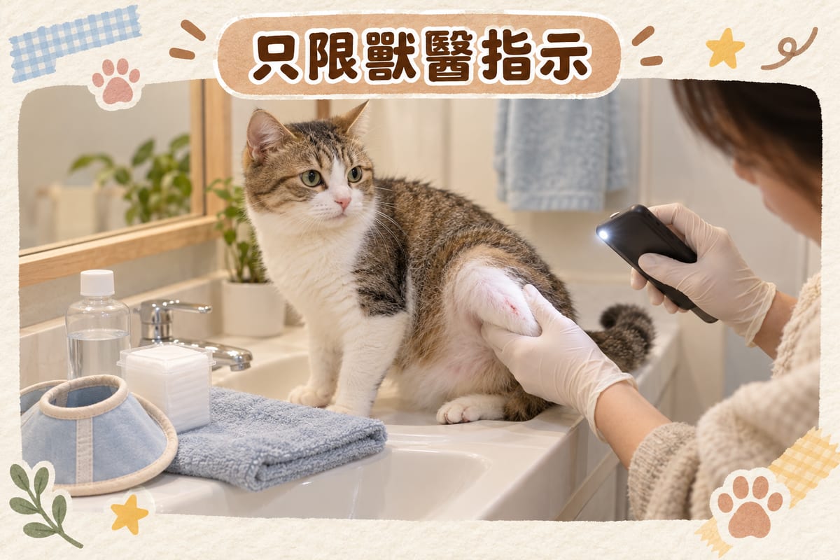 主人在浴室洗手盆旁用手機電筒檢查短毛家貓後腳嘅淺層擦傷,旁邊放有生理鹽水、棉花同軟身頭罩