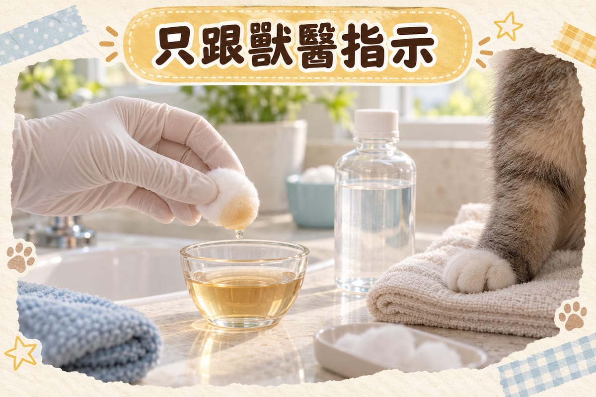 主人喺浴室洗手盆旁用棉花沾取已稀釋成淡茶色嘅液體，輕抹短毛家貓後腳嘅淺層擦傷，旁邊放住玻璃小杯、生理鹽水同軟身頭罩，容器全部冇標籤文字