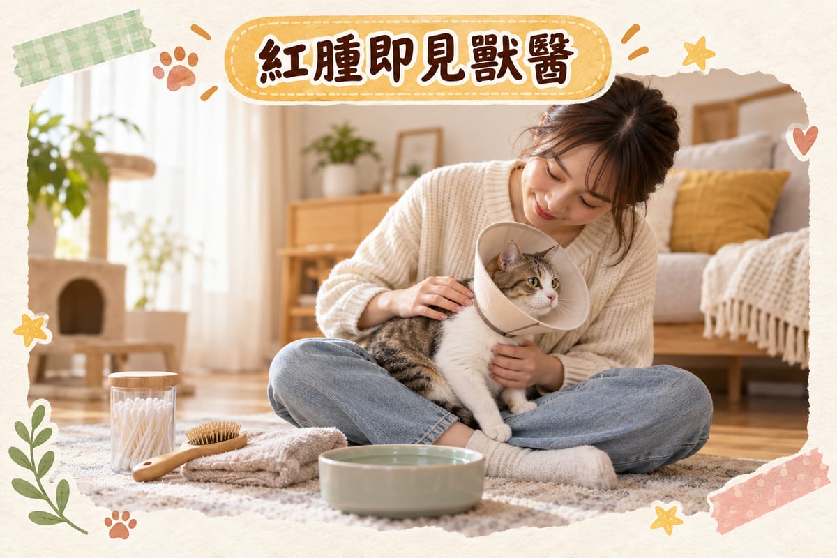 主人抱住短毛家貓，貓戴住軟身頭罩，主人一手輕扶貓背一手執記錄紙，旁邊放住已洗淨嘅棉花鉗同毛巾，客廳暖色燈光