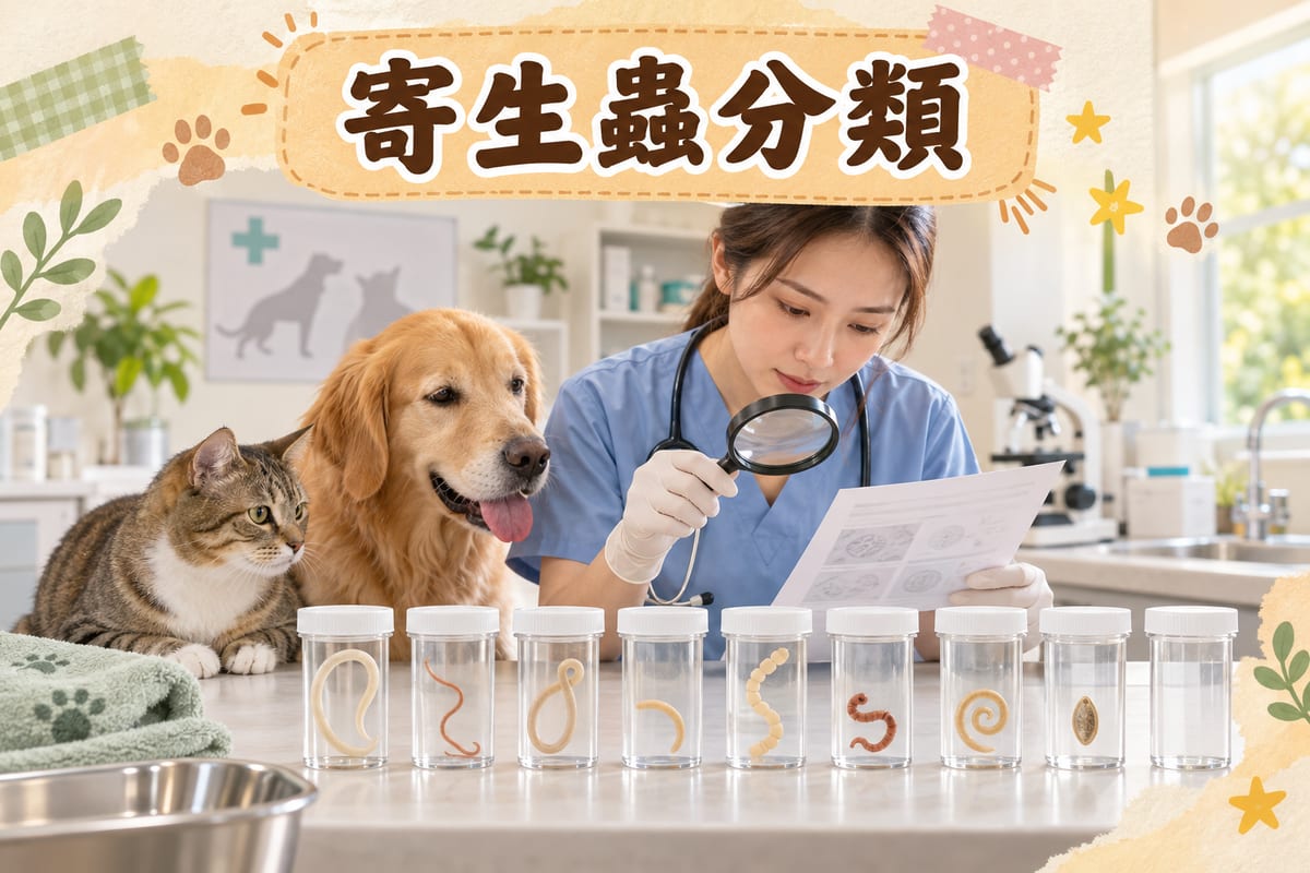 獸醫診所診檯上排列住八個透明標本瓶，每個瓶代表一類腸道寄生蟲，獸醫正用放大鏡對照驗糞報告