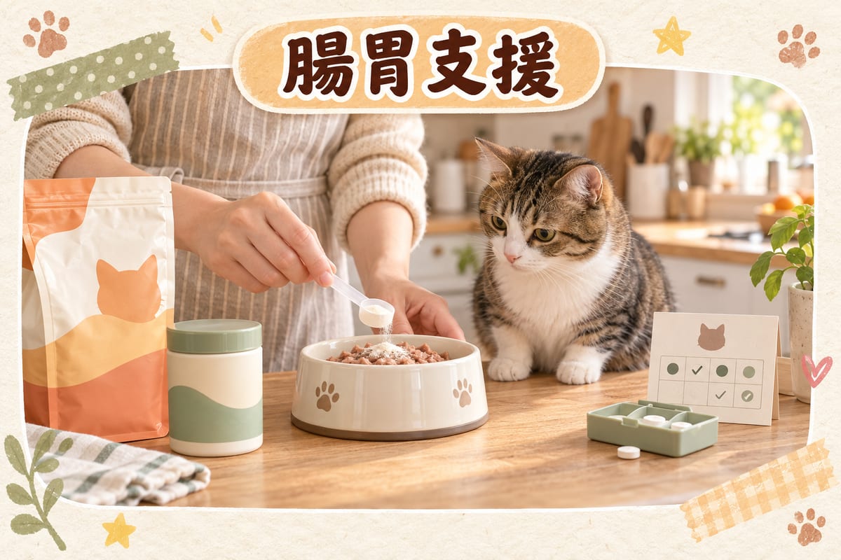 主人喺廚房檯面將益生菌粉拌入貓咪濕糧碗,旁邊放有杜蟲藥紀錄卡同藥盒,貓咪喺旁等待