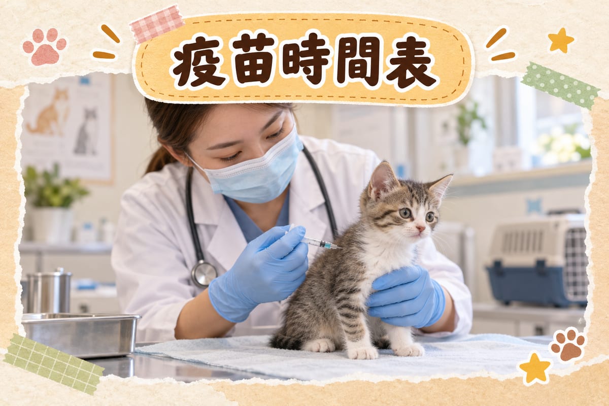 幼貓睡在淺色毛毯上，主人以手機記錄呼吸次數與體重，旁邊放有疫苗記錄卡與幼貓糧