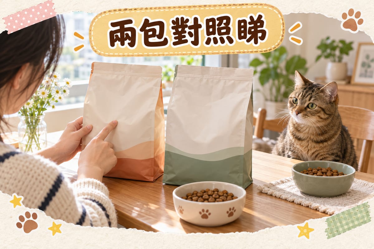 香港家居餐檯上左右放住兩包貓糧,主人用手指按住其中一包嘅成分表逐項對比,一隻虎斑貓坐喺椅邊望住