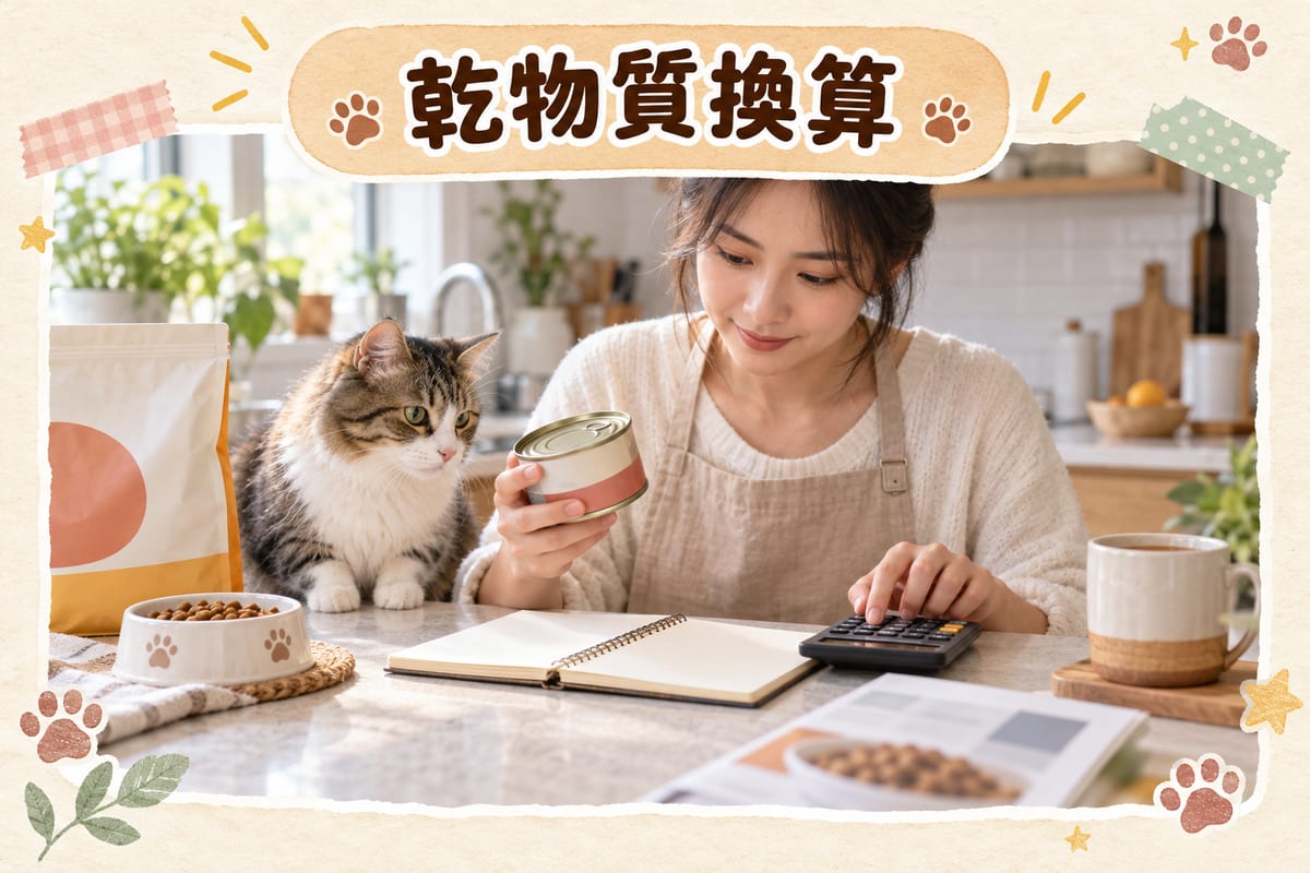 香港家居廚房檯面,主人一手拿貓糧罐頭、一手用計算機對住包裝上嘅保證分析表,旁邊放住一本筆記簿