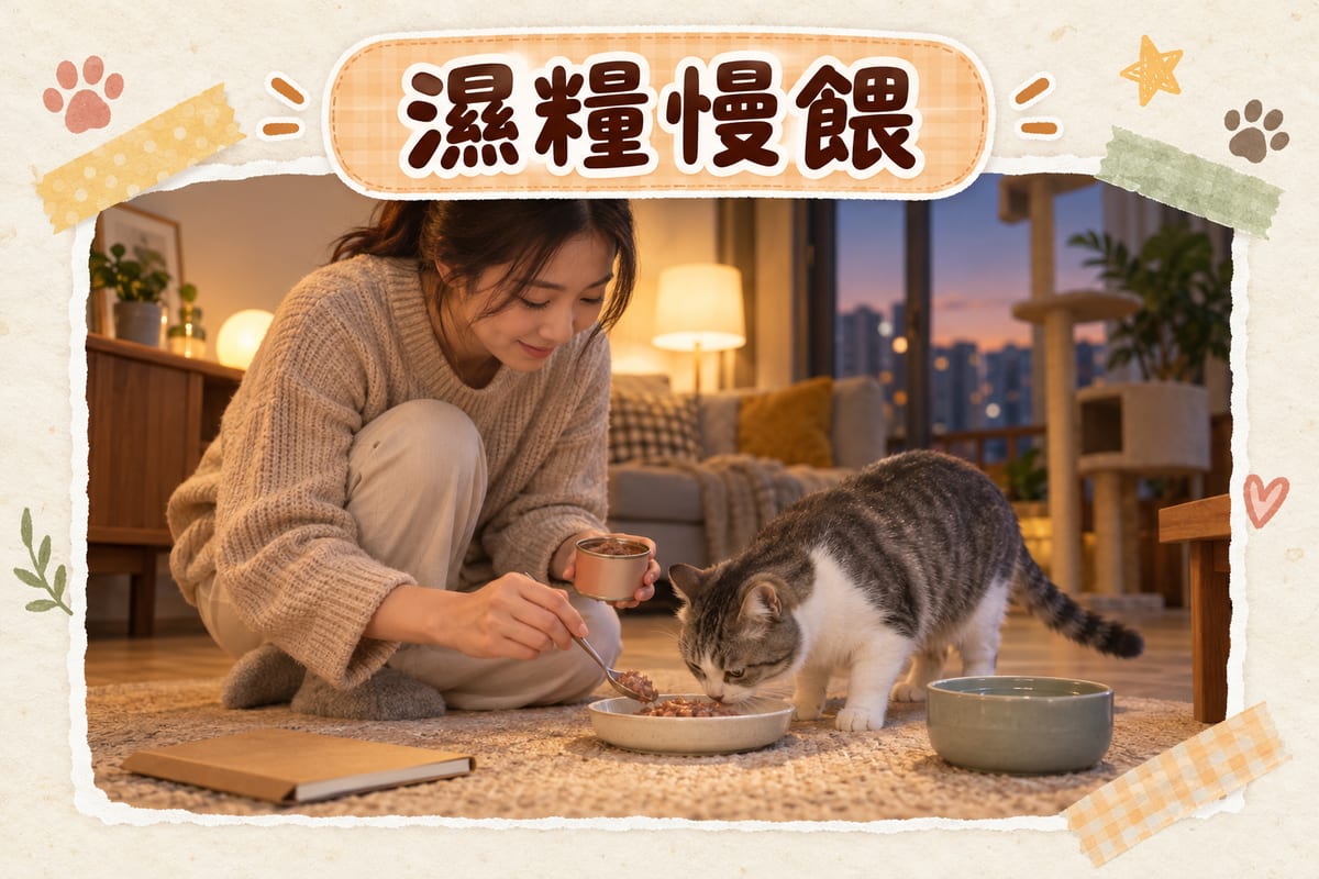 香港家居客廳黃昏時分,主人將小份濕糧舀入陶瓷碟,一隻灰白虎斑貓低頭試食,旁邊放住水碗同記錄用嘅小簿
