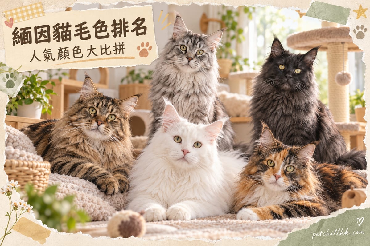 不同毛色的緬因貓並排展示:棕色虎斑、銀色虎斑、純白、黑色煙色與紅駁毛三色