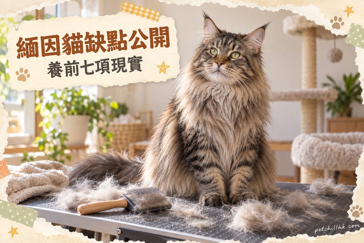 一隻長毛緬因貓坐在梳毛桌旁,周圍有掉落的貓毛同梳子