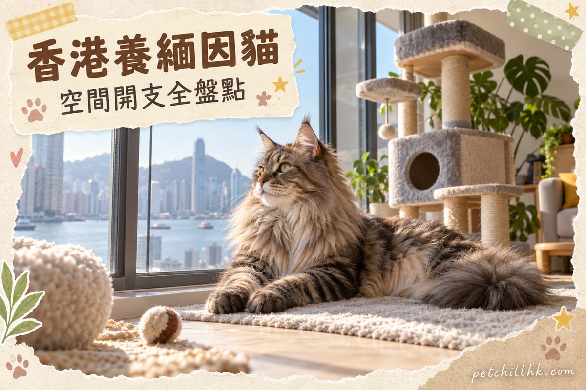 緬因貓喺香港細單位家居嘅落地窗旁休息,室內有大型貓跳臺