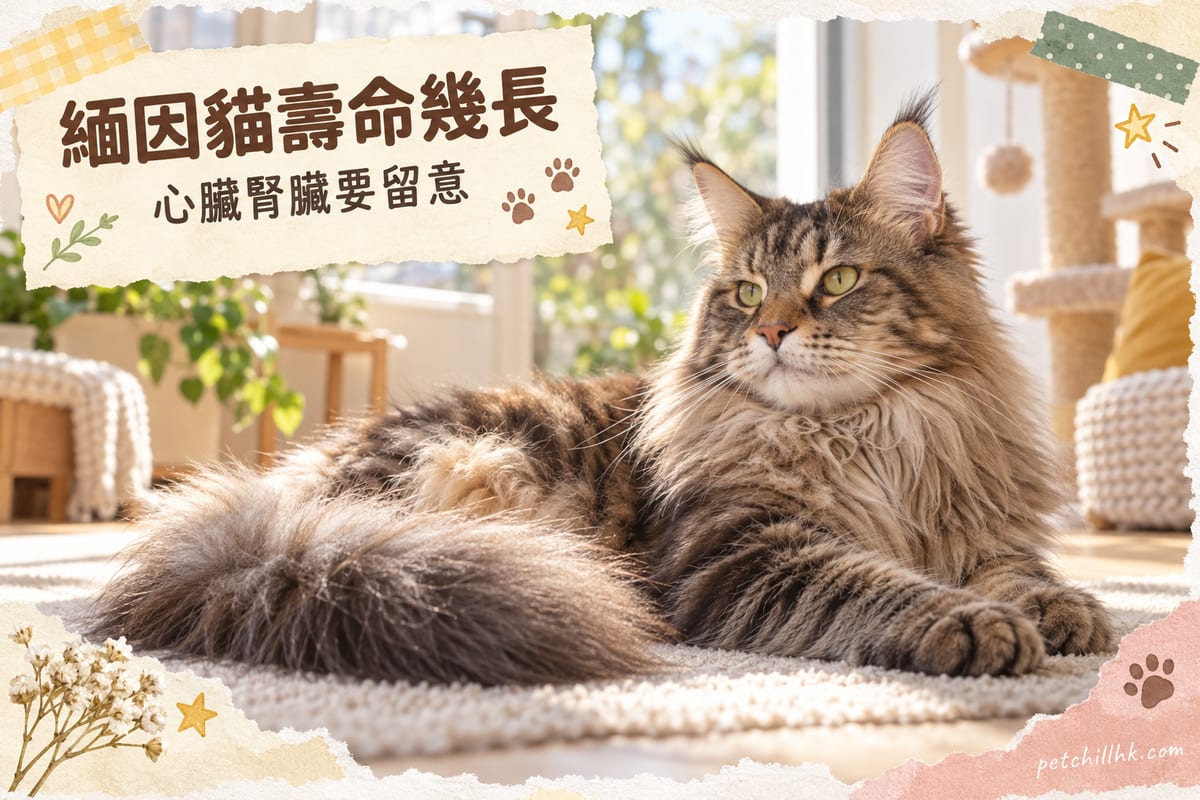 一隻成年緬因貓在家中陽光下休息,展示厚實長毛與蓬鬆尾巴