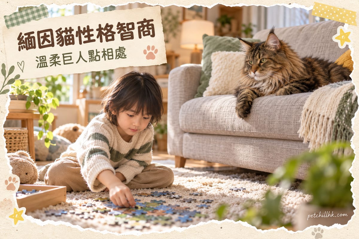 一隻棕色虎斑緬因貓臥在梳化上,與坐在地毯上拼圖的孩童安靜相處的客廳場景