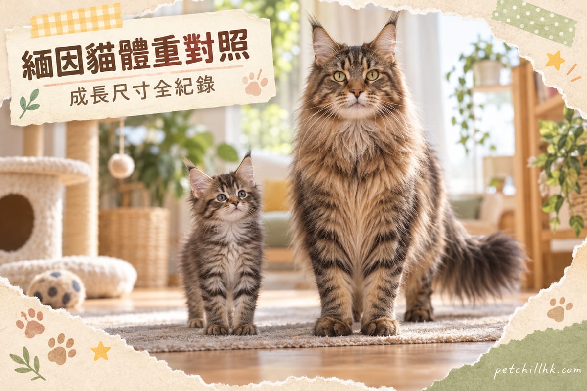 一隻成年棕色虎斑緬因貓與幼貓並排站立,展示明顯體型差距
