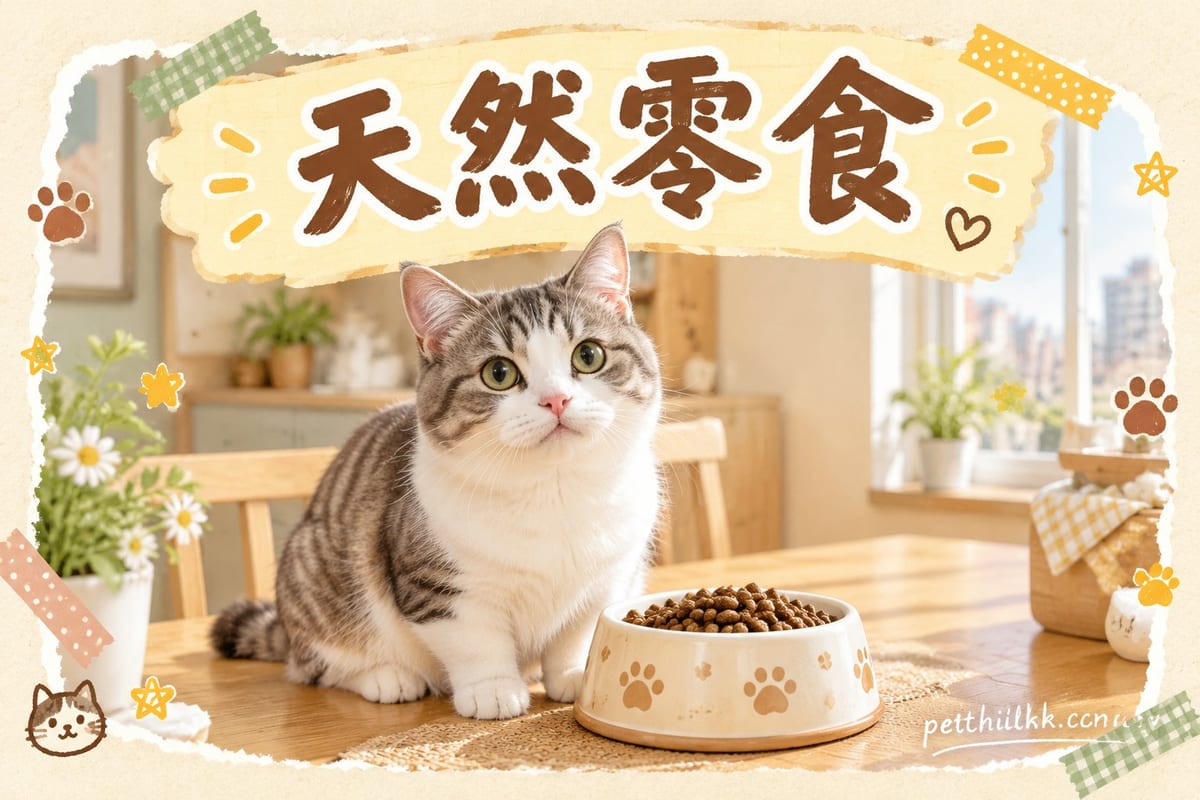 淺色木枱上擺住幾款成分簡單嘅天然凍乾肉粒零食同新鮮雞胸肉,一隻柴犬同貓各自望住自己那份