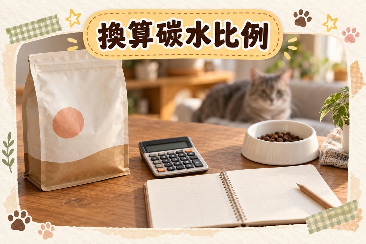 木枱上放住貓糧包裝袋、計算機同寫滿數字嘅筆記簿,旁邊有一碗細粒乾糧